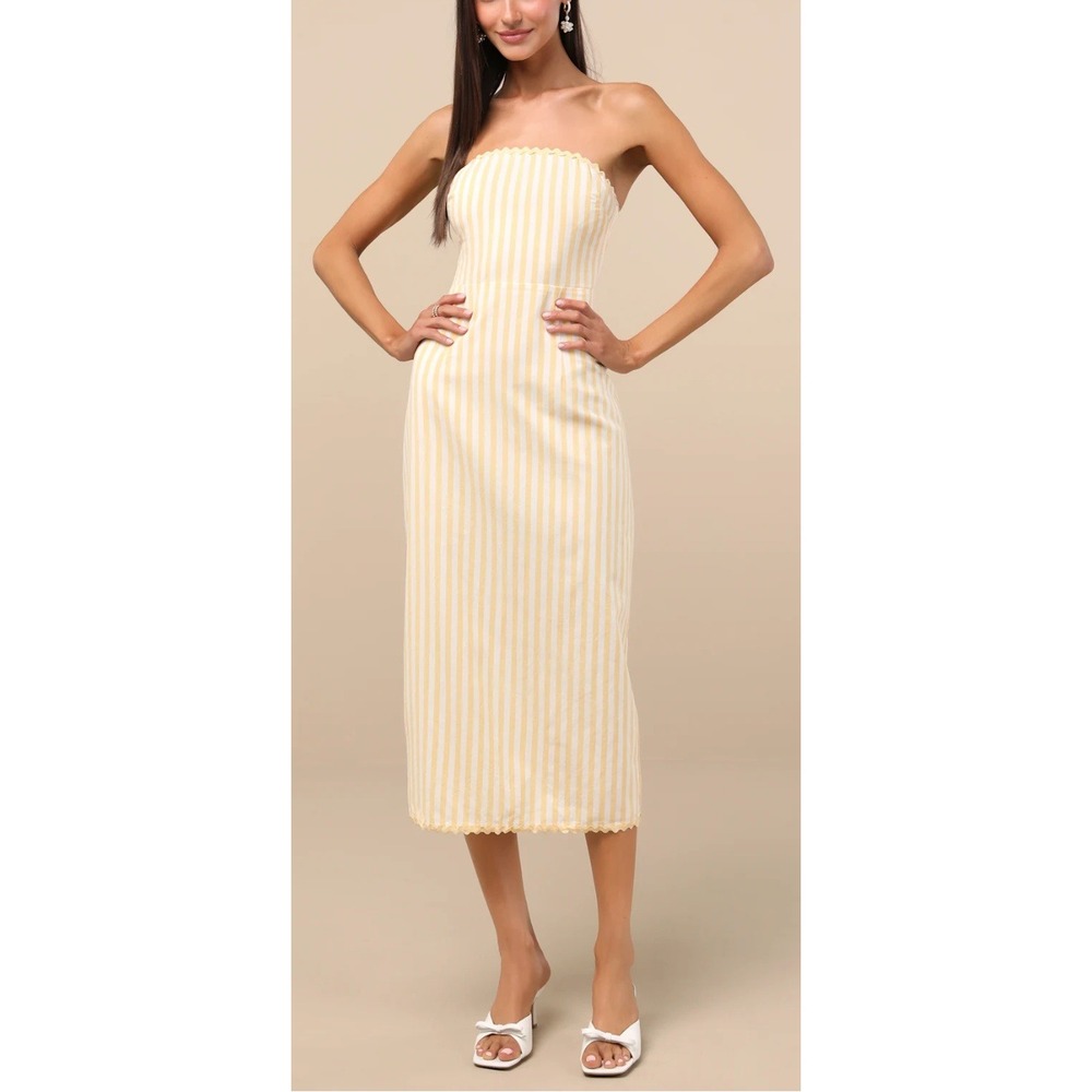NWT Lulus Brigita Yellow Striped Strapless Column Midi Dress Sz Medium - Picture 2 of 6